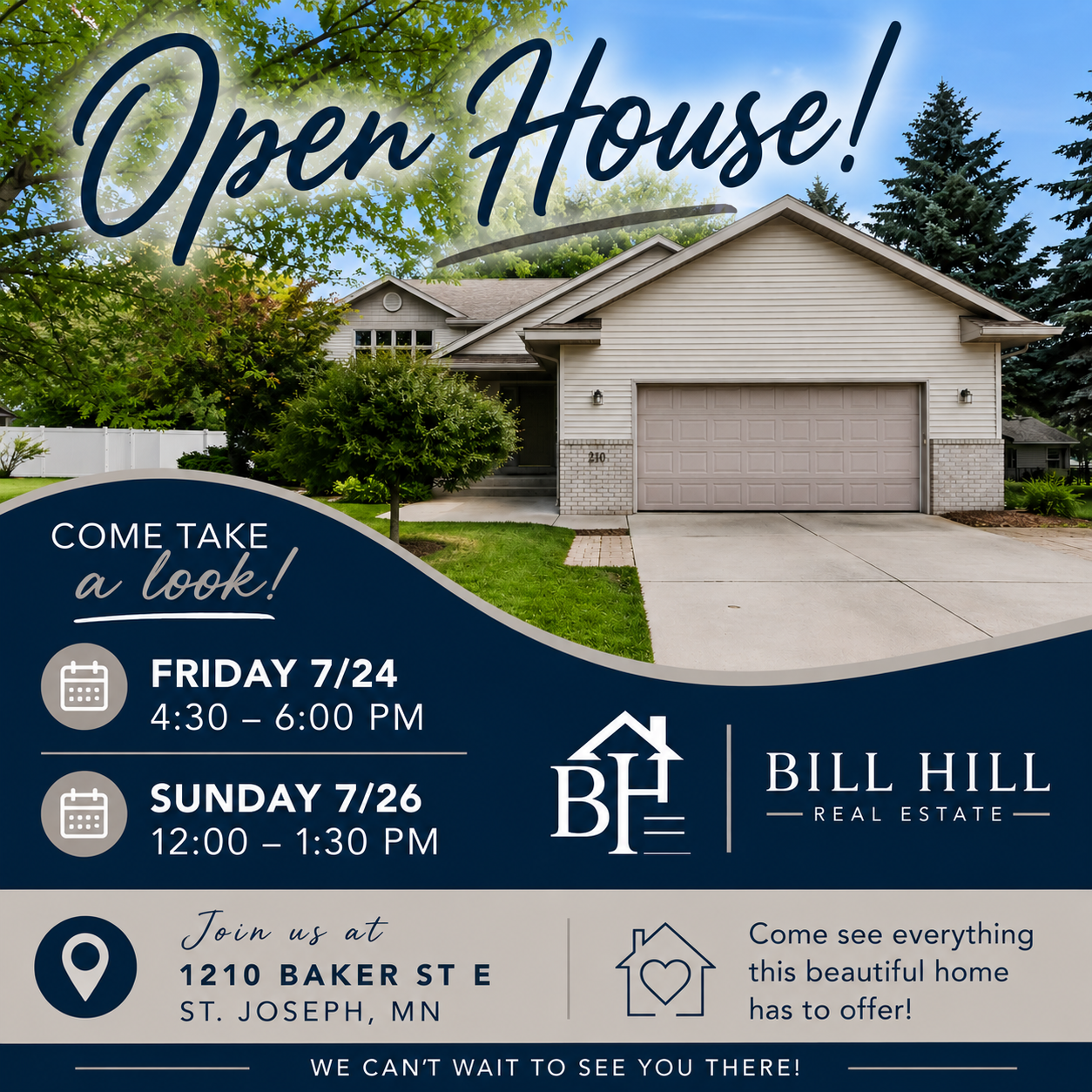 Open house flyer for 1210 E Baker Street, St. Joseph, MN